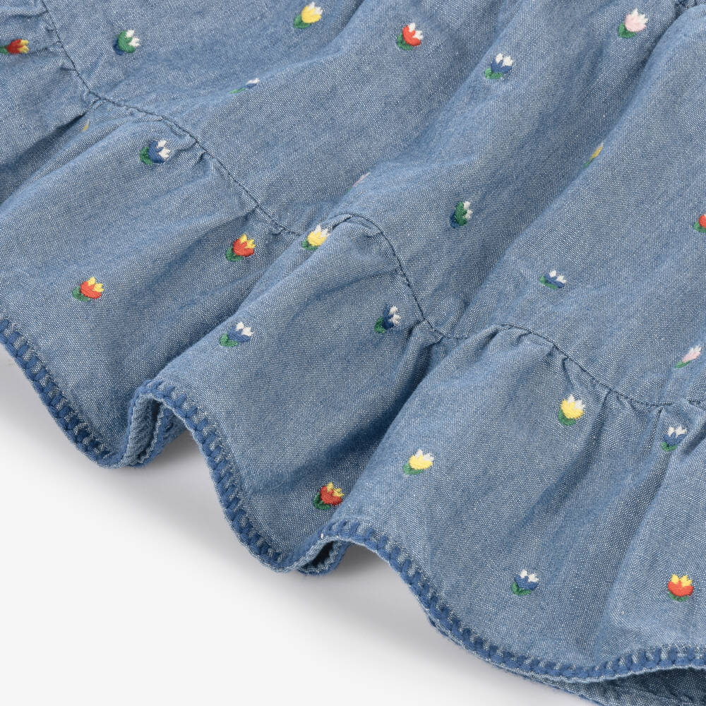 Stella McCartney Kids-Girls Blue Chambray Skirt with Embroidered Flowers | Childrensalon