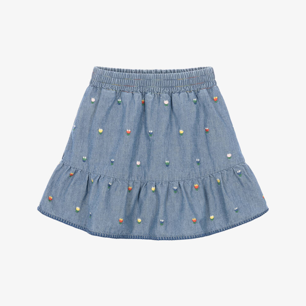 Stella McCartney Kids-Girls Blue Chambray Skirt with Embroidered Flowers | Childrensalon