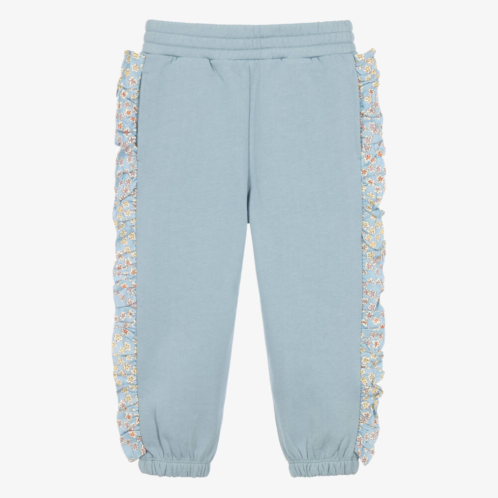 Stella McCartney Kids-Girls Blue Cotton Joggers with Ruffles | Childrensalon