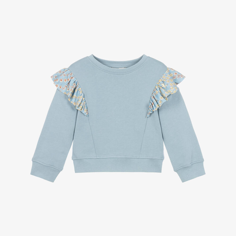 Stella McCartney Kids-Girls Blue Cotton Sweatshirt with Ruffles | Childrensalon