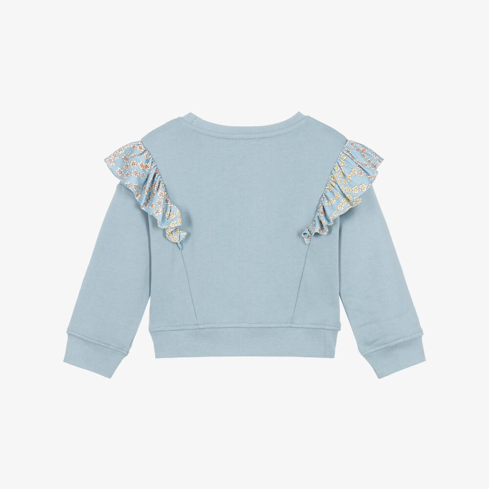 Stella McCartney Kids-Girls Blue Cotton Sweatshirt with Ruffles | Childrensalon