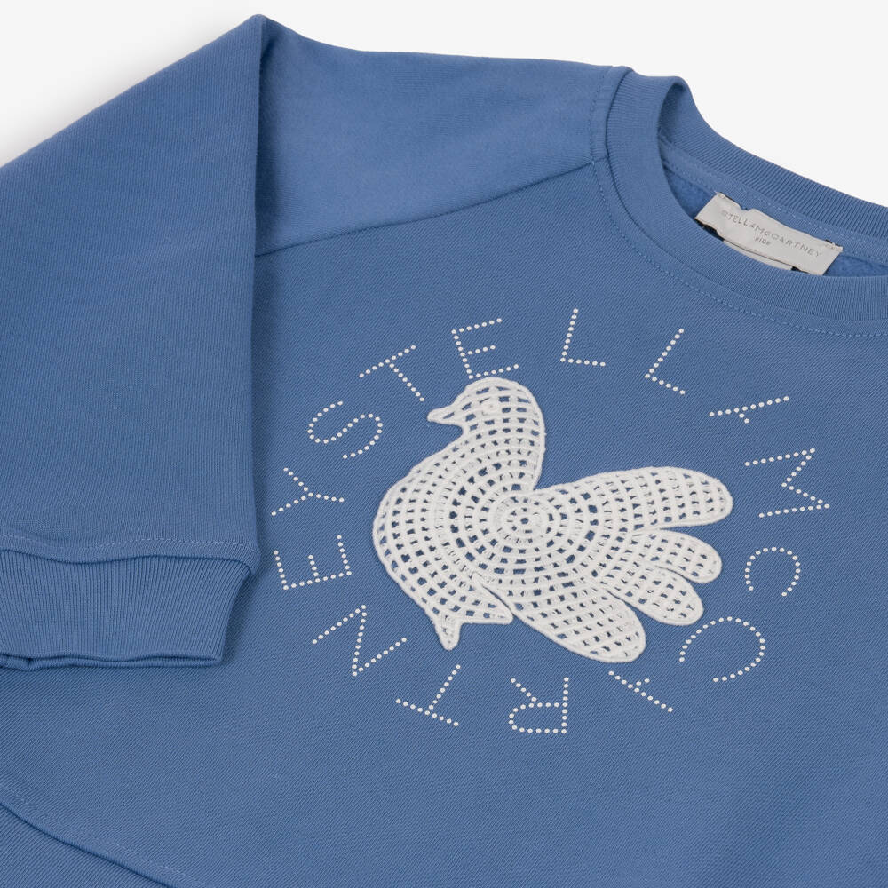 Stella McCartney Kids-Girls Blue Cotton Sweatshirt with White Dove Motif | Childrensalon