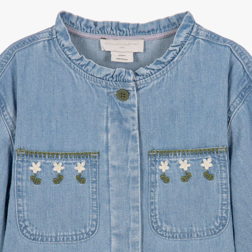 Stella McCartney Kids-Girls Blue Denim Dress with Embroidered Flowers | Childrensalon