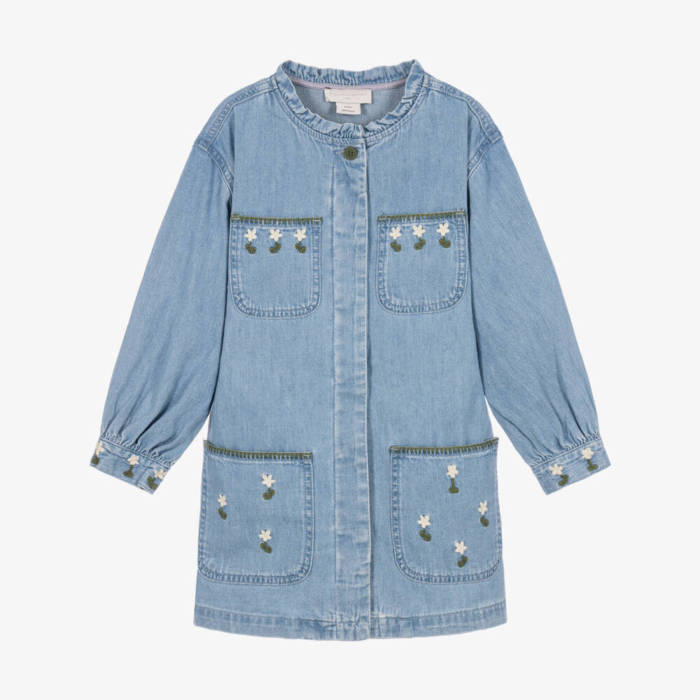 Stella McCartney Kids-Girls Blue Denim Dress with Embroidered Flowers | Childrensalon