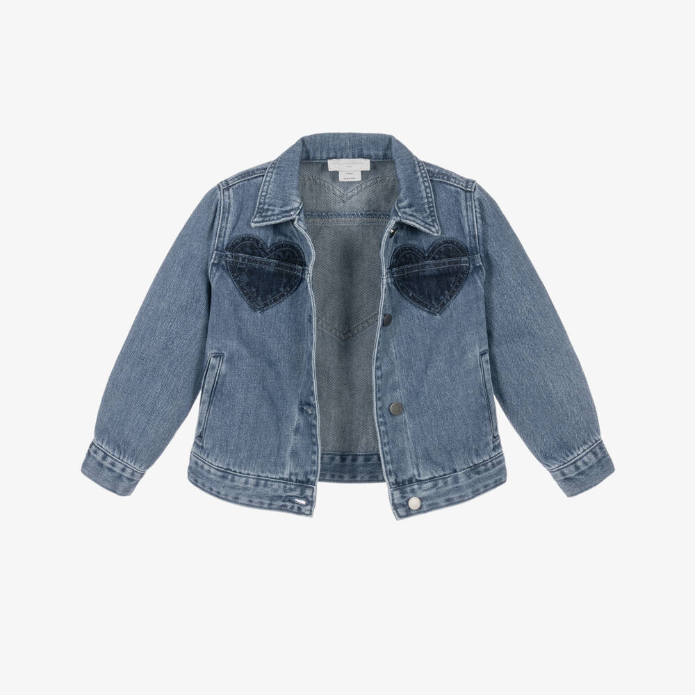 Stella McCartney Kids-Girls Blue Denim Jacket with Heart Motifs | Childrensalon
