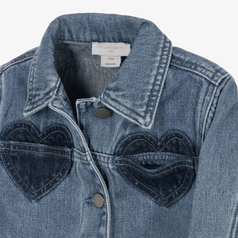 Stella McCartney Kids-Girls Blue Denim Jacket with Heart Motifs | Childrensalon