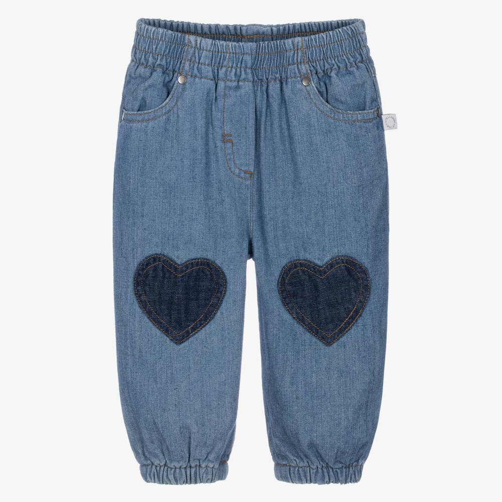 Stella McCartney Kids-Girls Blue Denim Joggers with Heart Motifs | Childrensalon