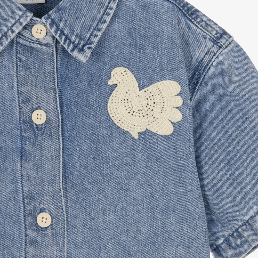 Stella McCartney Kids-Girls Blue Denim Shirt with Dove Appliqués | Childrensalon