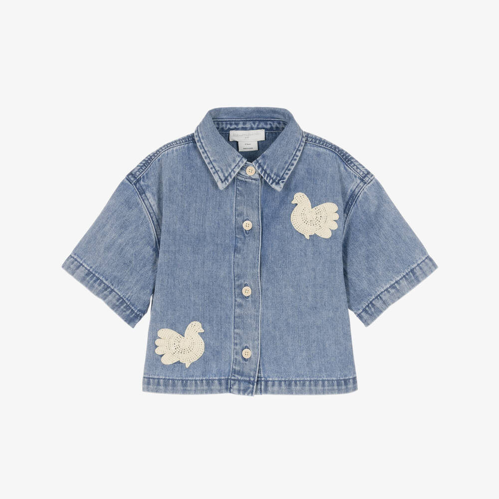 Stella McCartney Kids-Girls Blue Denim Shirt with Dove Appliqués | Childrensalon