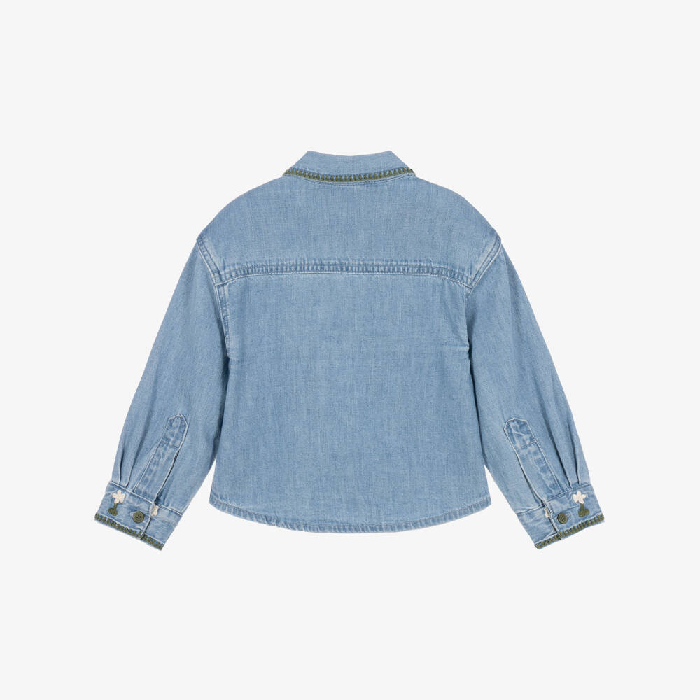 Stella McCartney Kids-Girls Blue Denim Shirt with Embroidered Flowers | Childrensalon