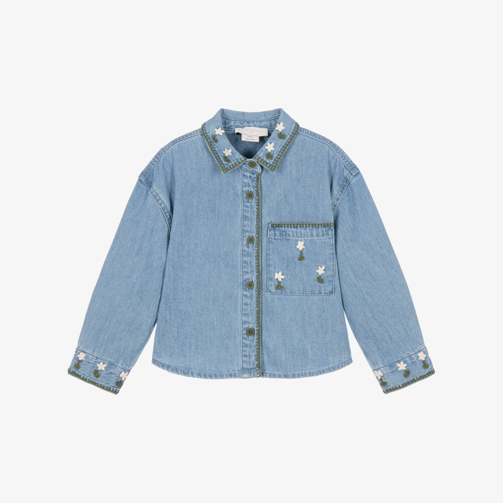 Stella McCartney Kids-Girls Blue Denim Shirt with Embroidered Flowers | Childrensalon