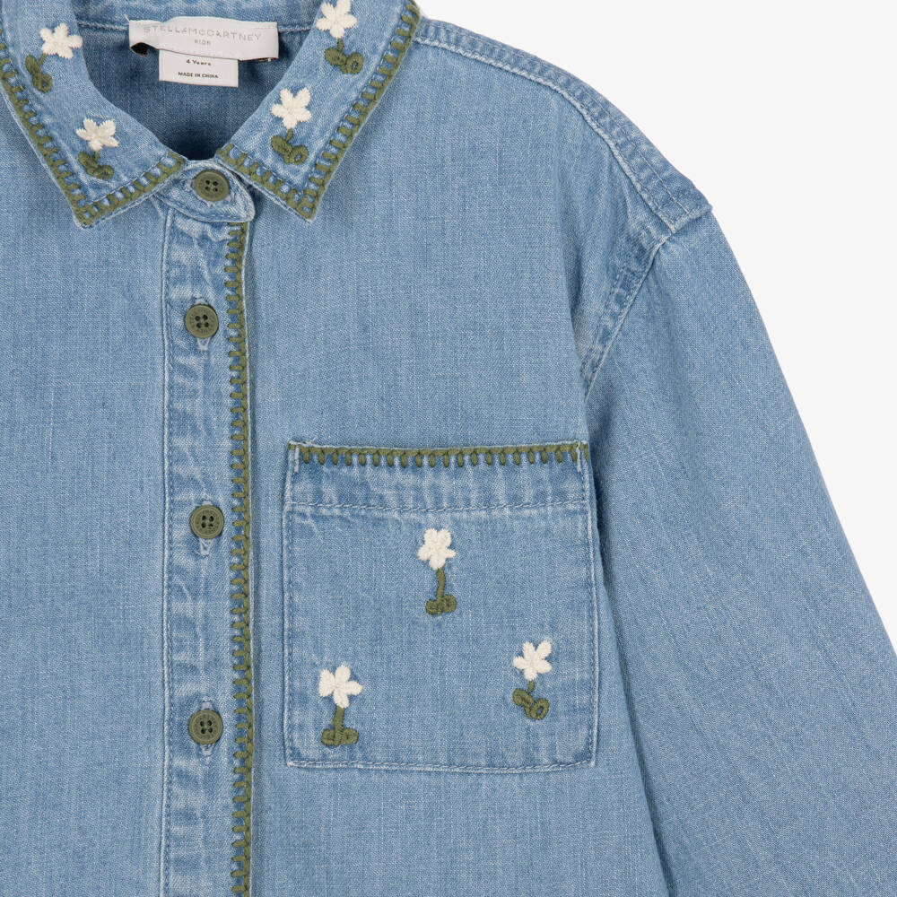 Stella McCartney Kids-Girls Blue Denim Shirt with Embroidered Flowers | Childrensalon