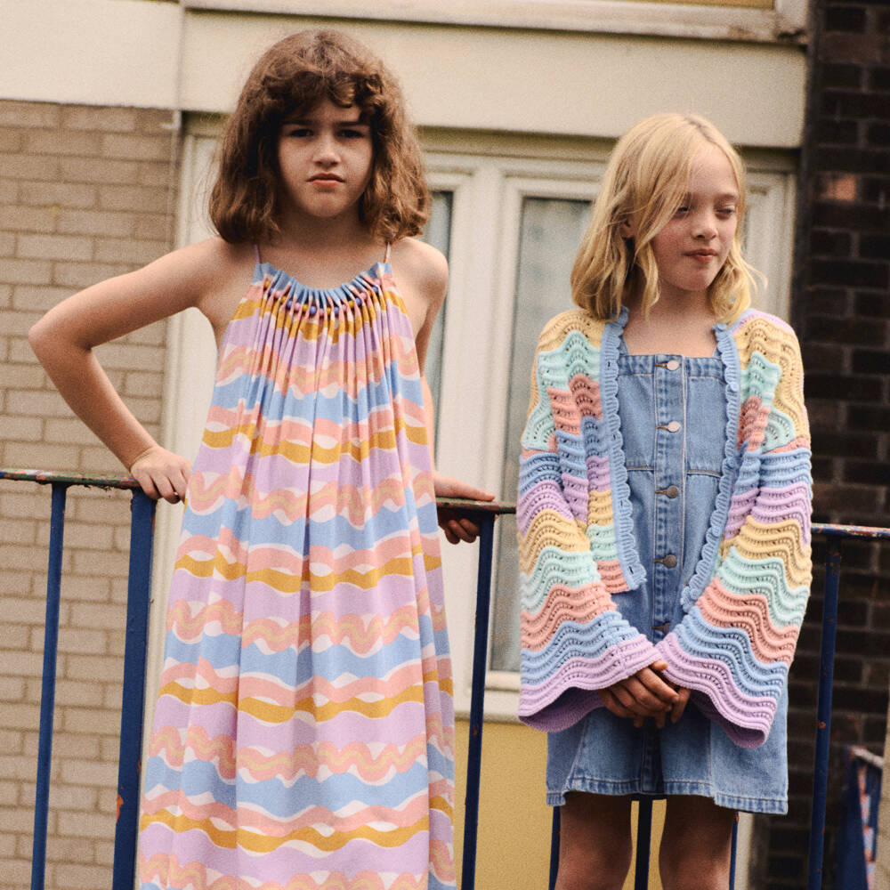 Stella McCartney Kids-Girls Blue Pastel Multi-Stripe Knitted Cardigan | Childrensalon