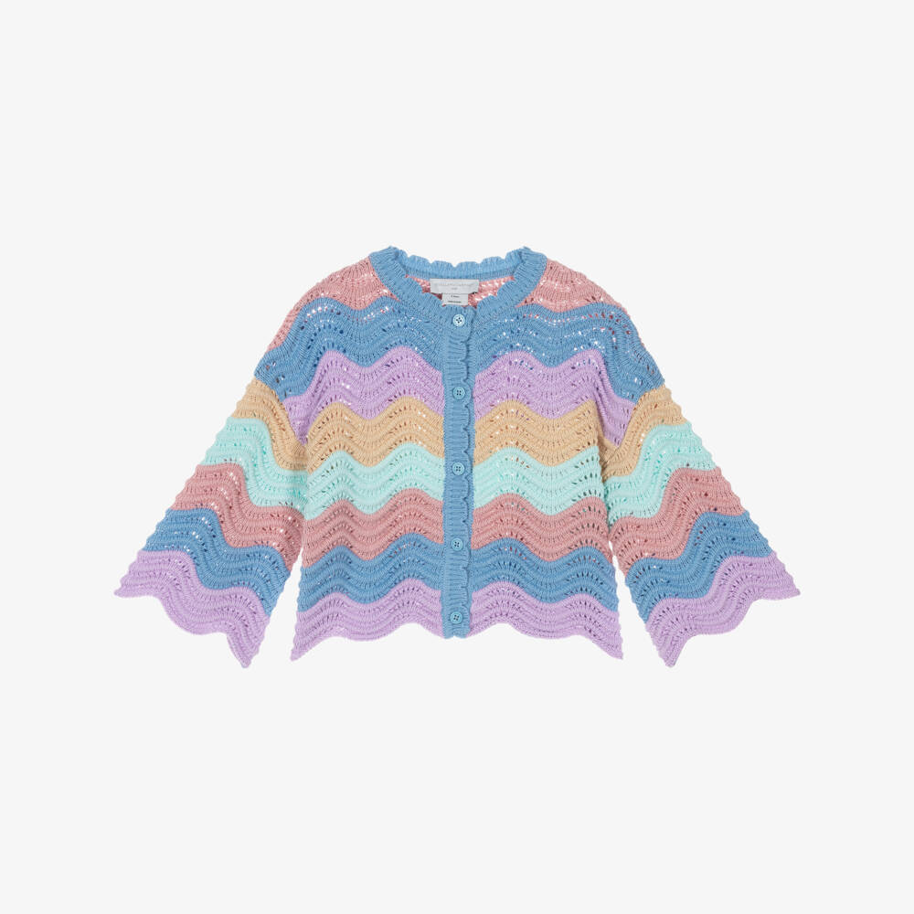 Stella McCartney Kids-Girls Blue Pastel Multi-Stripe Knitted Cardigan | Childrensalon