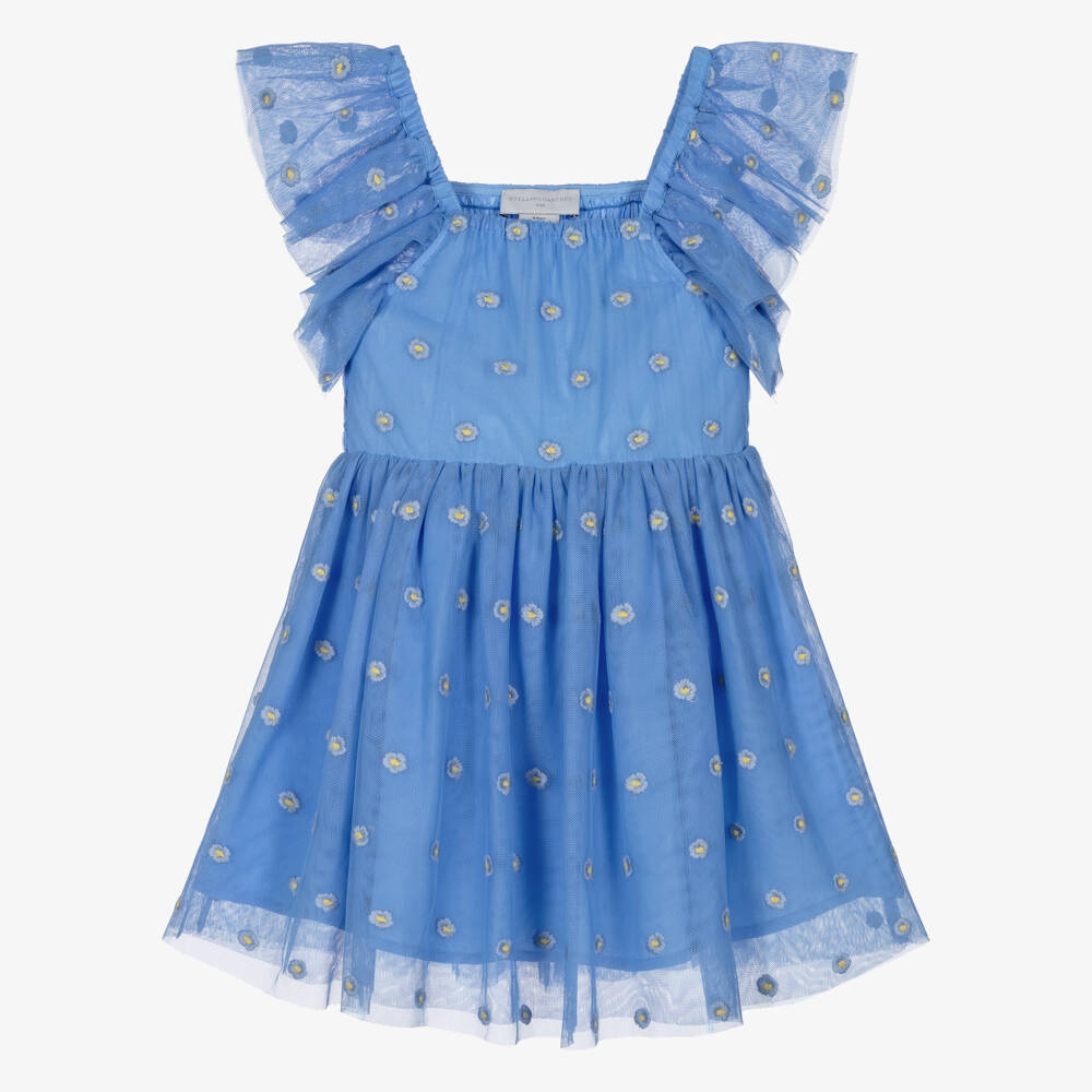 Stella McCartney Kids-Girls Blue Tulle Dress with Embroidered Flowers | Childrensalon