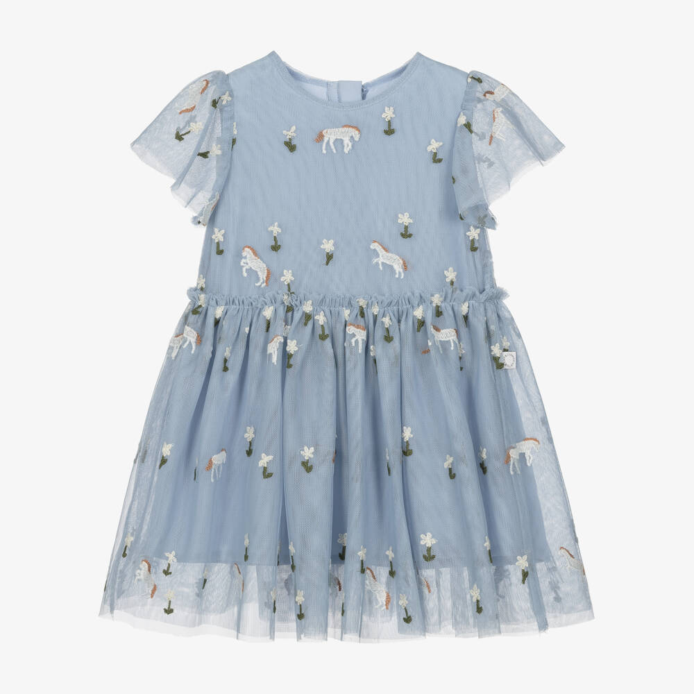 Stella McCartney Kids-Girls Blue Tulle Dress with Horse & Flower Embroidery | Childrensalon