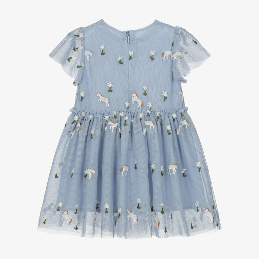 Stella McCartney Kids-Girls Blue Tulle Dress with Horse & Flower Embroidery | Childrensalon
