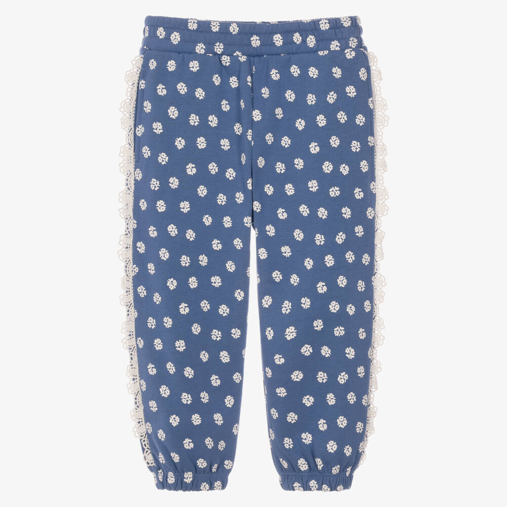 Stella McCartney Kids-Girls Blue & White Floral Joggers with Lace Trim | Childrensalon