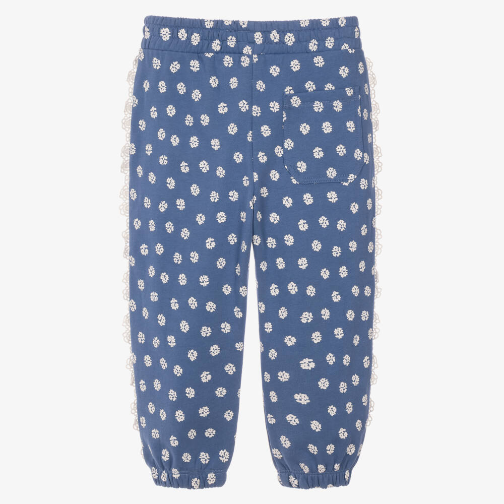 Stella McCartney Kids-Girls Blue & White Floral Joggers with Lace Trim | Childrensalon