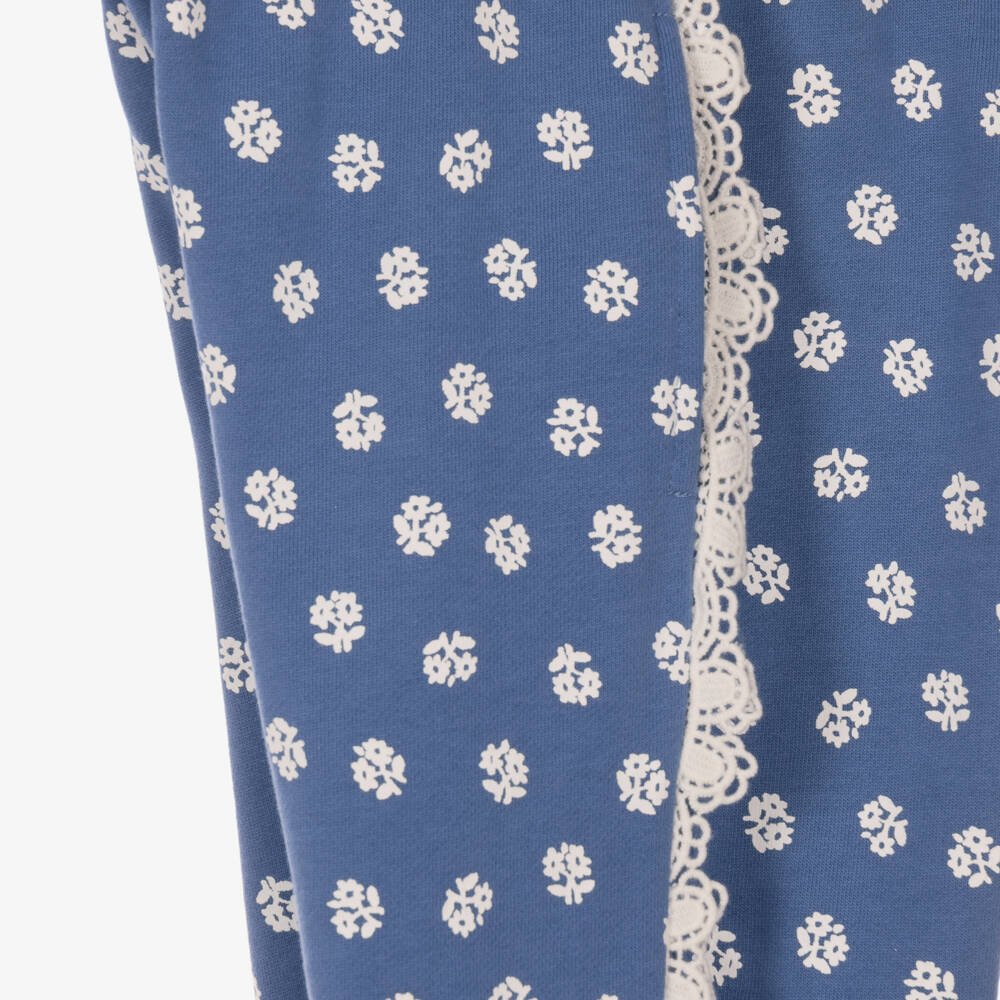 Stella McCartney Kids-Girls Blue & White Floral Joggers with Lace Trim | Childrensalon