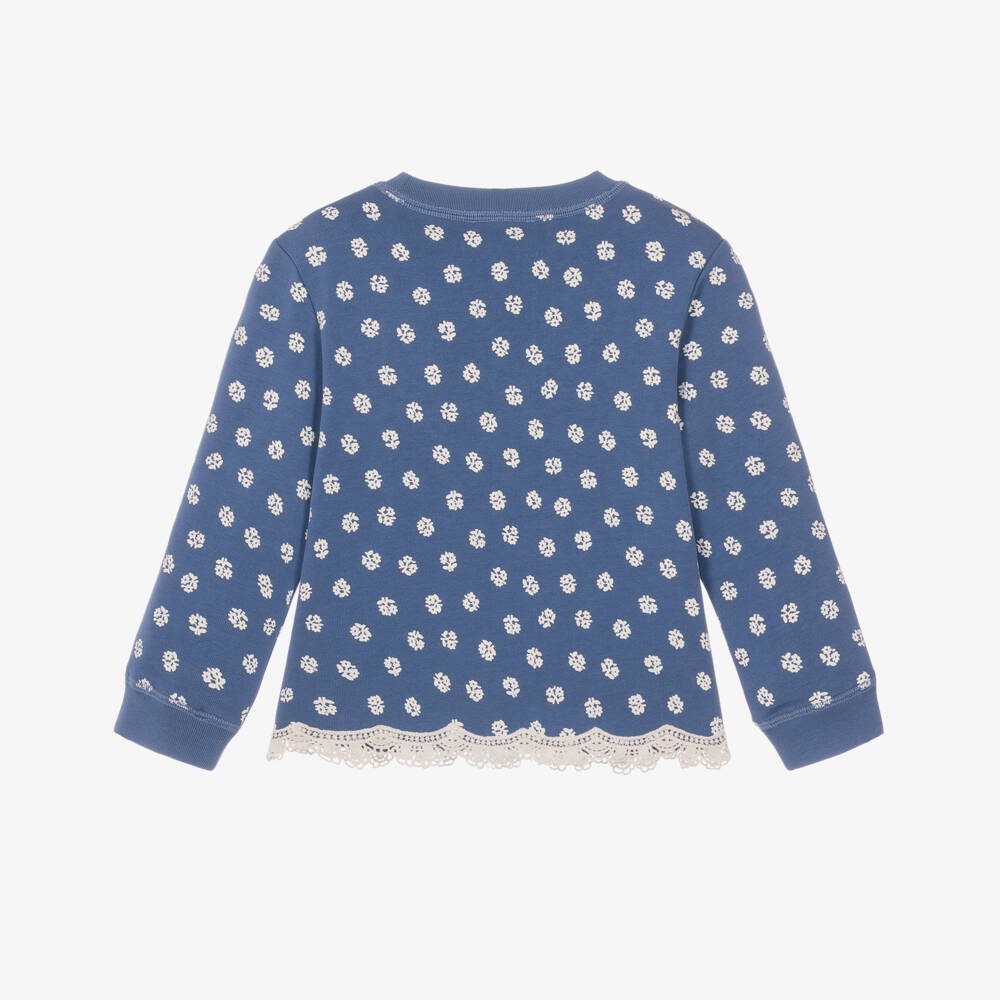 Stella McCartney Kids-Girls Blue & White Floral Sweatshirt with Lace Trim | Childrensalon