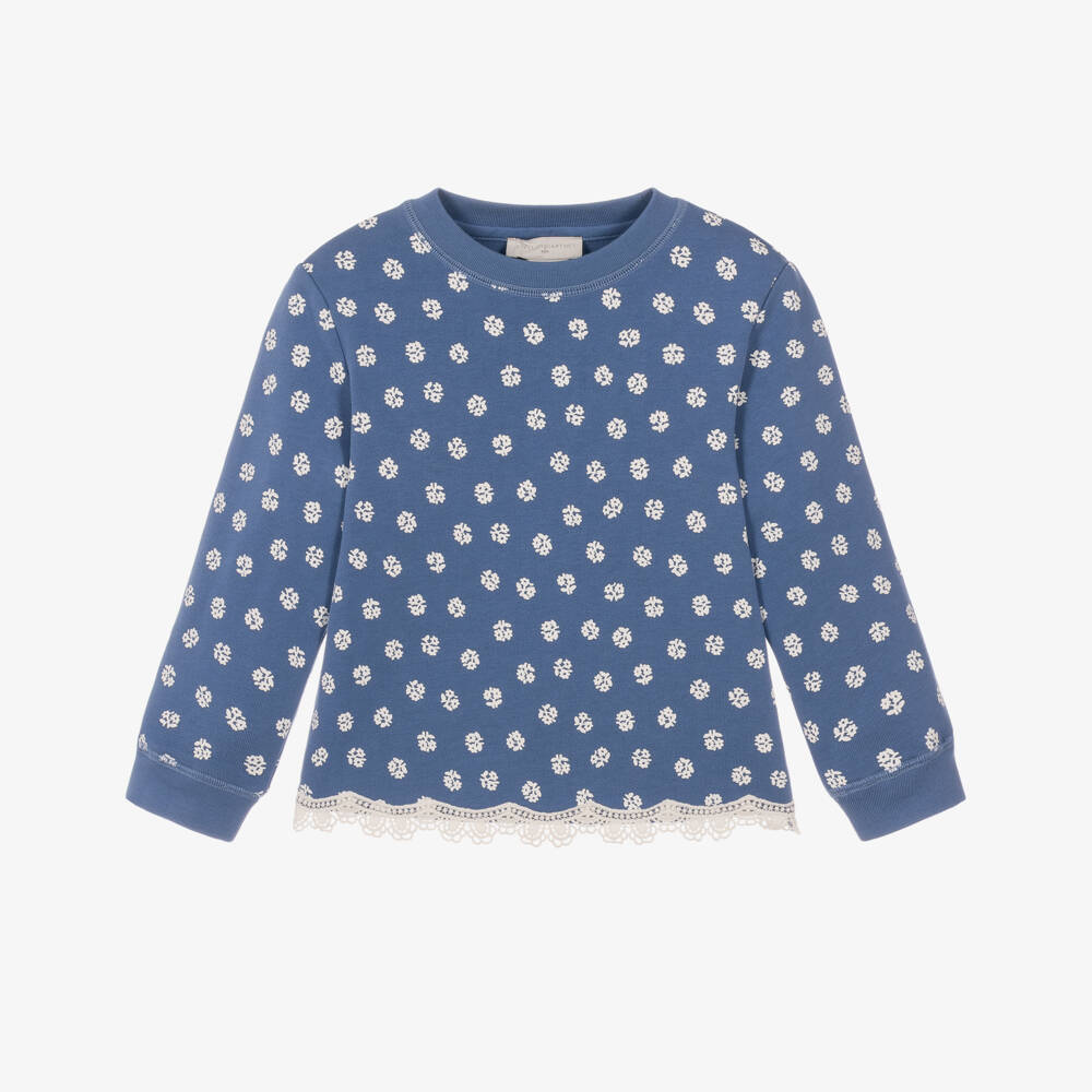 Stella McCartney Kids-Girls Blue & White Floral Sweatshirt with Lace Trim | Childrensalon