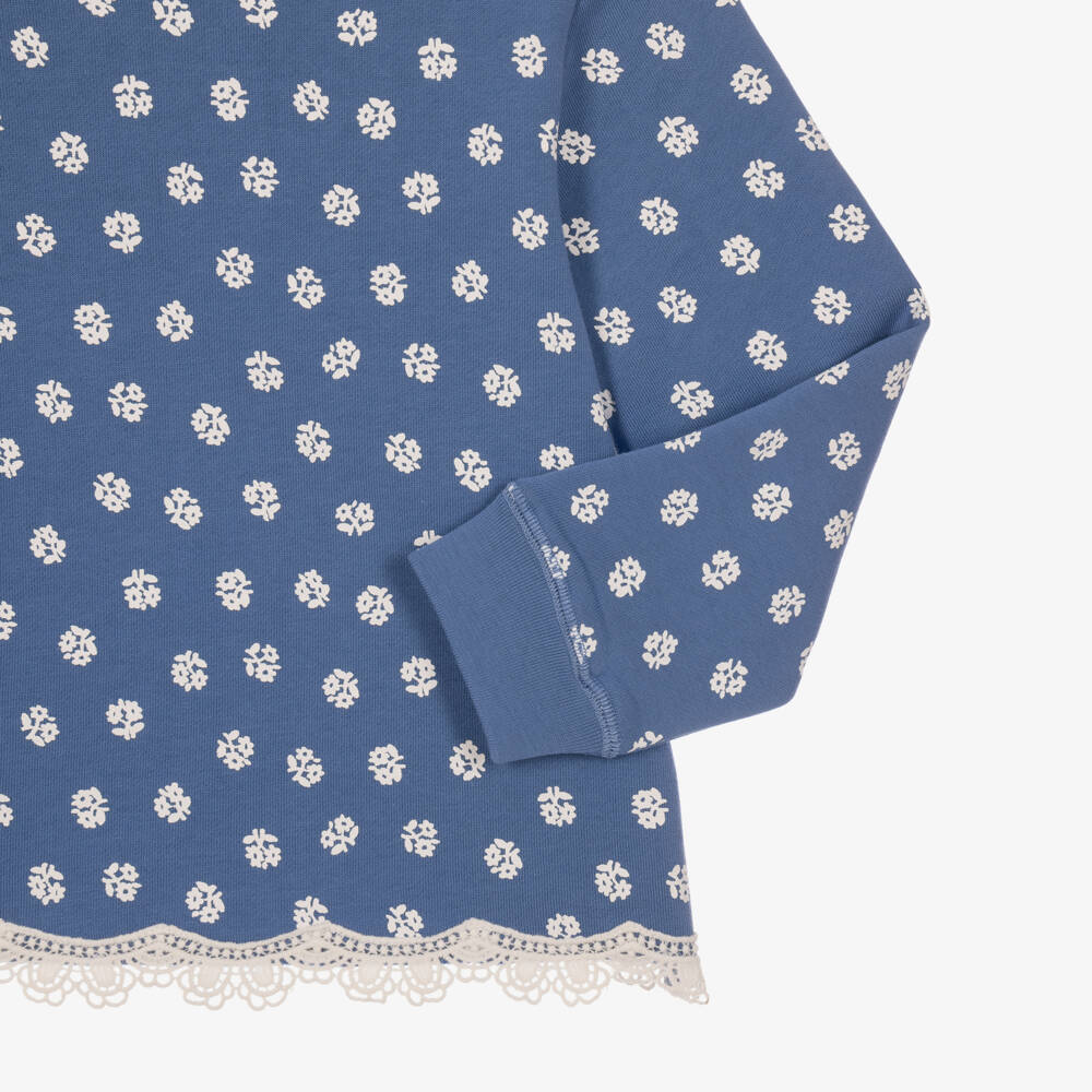 Stella McCartney Kids-Girls Blue & White Floral Sweatshirt with Lace Trim | Childrensalon