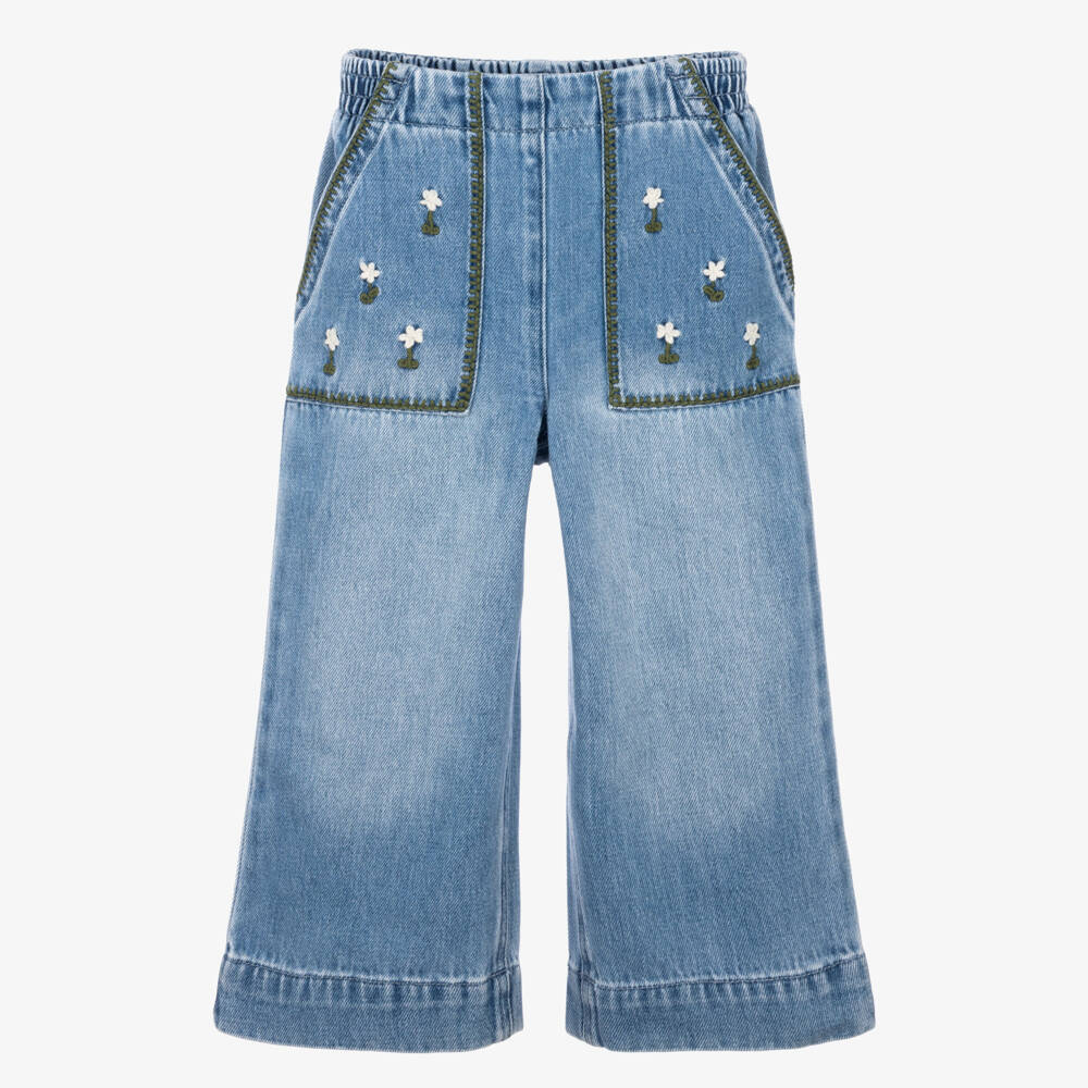 Stella McCartney Kids-Girls Blue Wide-Leg Jeans with Embroidered Flowers | Childrensalon