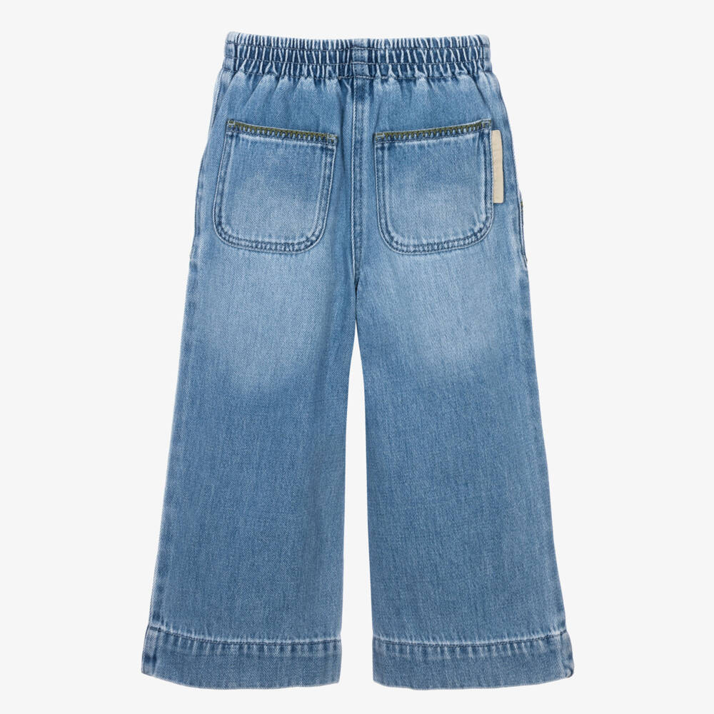 Stella McCartney Kids-Girls Blue Wide-Leg Jeans with Embroidered Flowers | Childrensalon