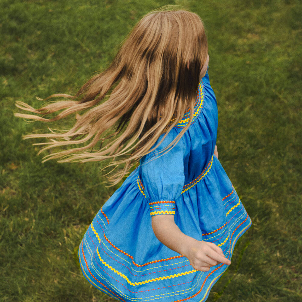 Stella McCartney Kids-Girls Bright Blue Embroidered Ric Rac Dress | Childrensalon