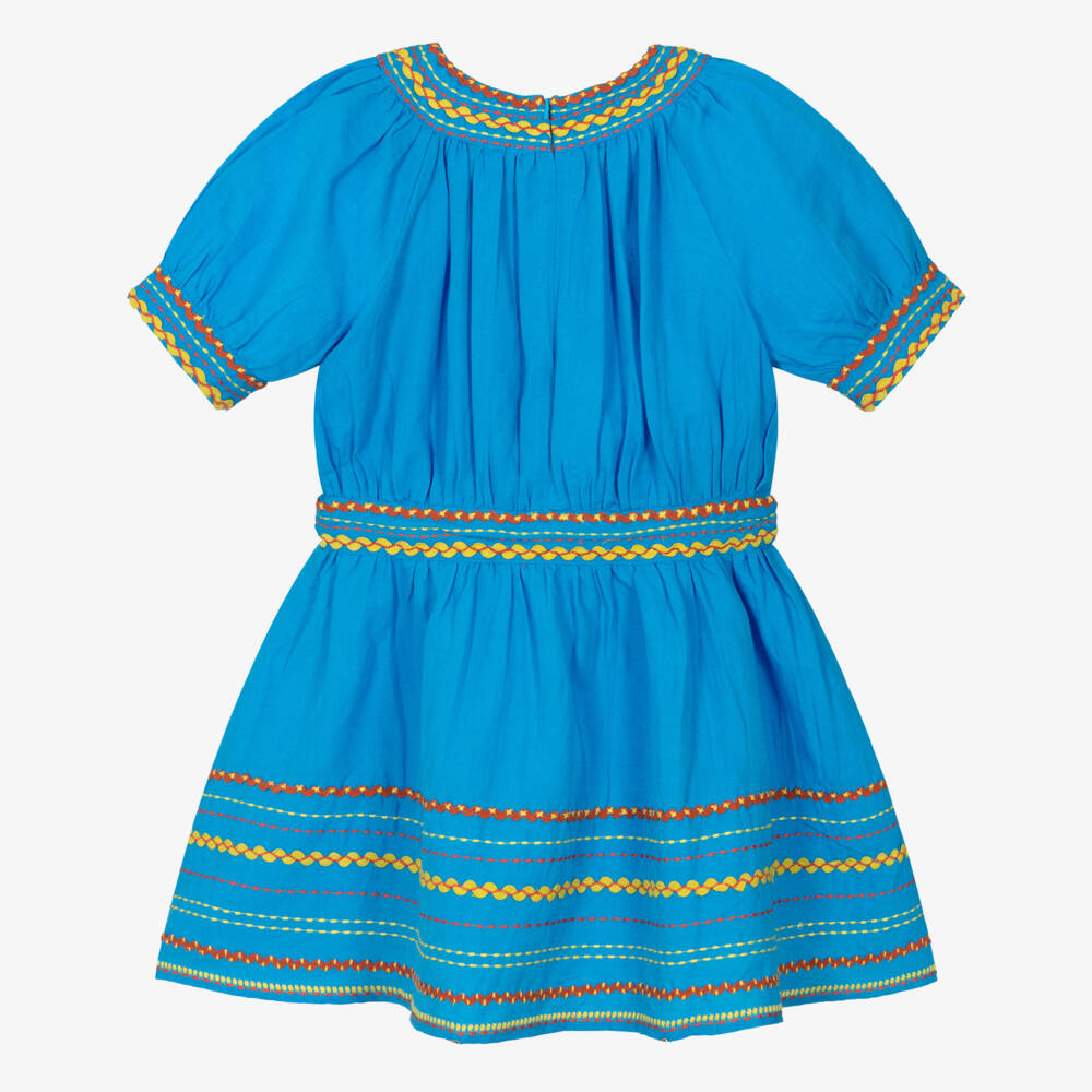 Stella McCartney Kids-Girls Bright Blue Embroidered Ric Rac Dress | Childrensalon
