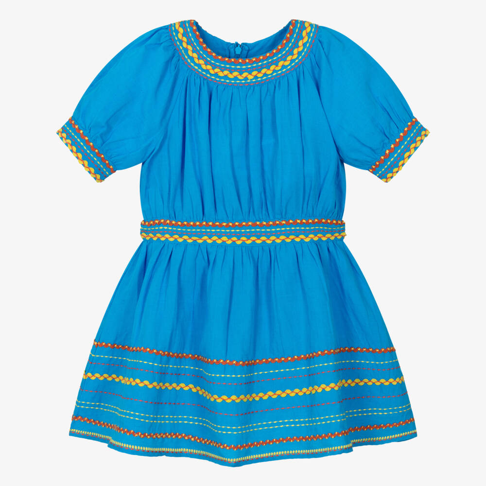 Stella McCartney Kids-Girls Bright Blue Embroidered Ric Rac Dress | Childrensalon