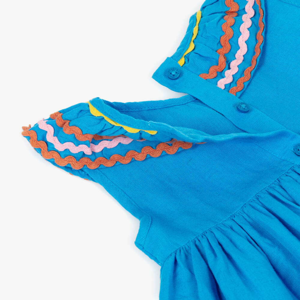 Stella McCartney Kids-Girls Bright Blue Ric Rac Dress with Colourful Embroidery | Childrensalon