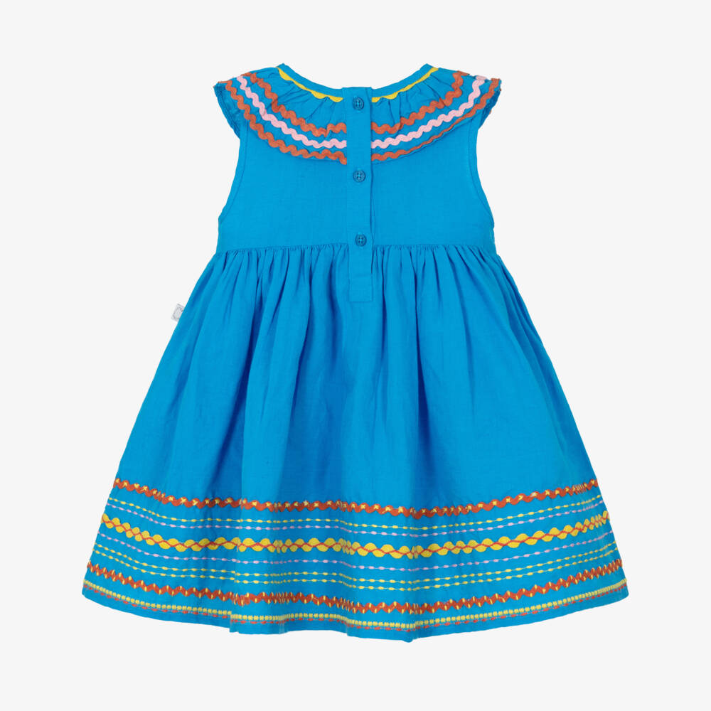 Stella McCartney Kids-Girls Bright Blue Ric Rac Dress with Colourful Embroidery | Childrensalon