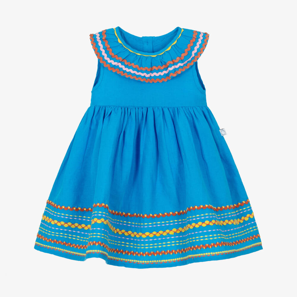 Stella McCartney Kids-Girls Bright Blue Ric Rac Dress with Colourful Embroidery | Childrensalon