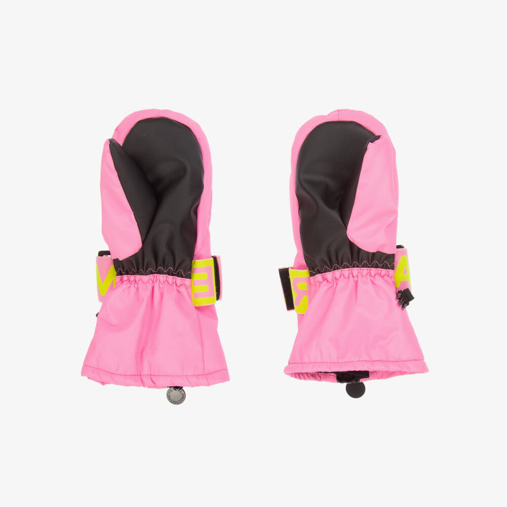 Stella McCartney Kids-Girls Bright Pink Ski Mittens With Neon Yellow Hearts | Childrensalon