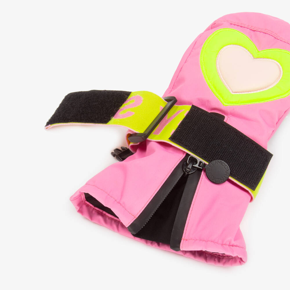 Stella McCartney Kids-Girls Bright Pink Ski Mittens With Neon Yellow Hearts | Childrensalon