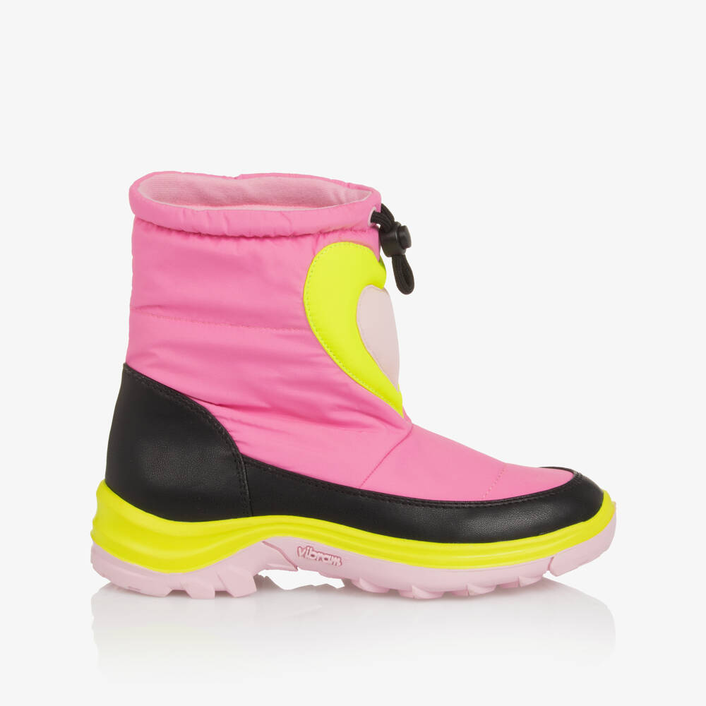 Stella McCartney Kids-Girls Bright Pink Vibram Snow Boots with Neon Hearts | Childrensalon
