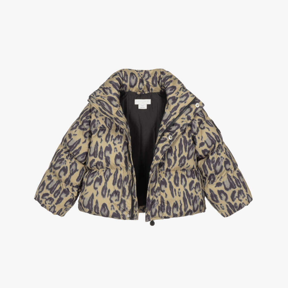 Stella McCartney Kids-Girls Brown Hooded Leopard Print Puffer Jacket | Childrensalon