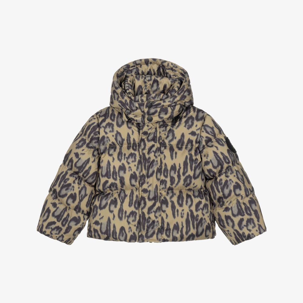 Stella McCartney Kids-Girls Brown Hooded Leopard Print Puffer Jacket | Childrensalon