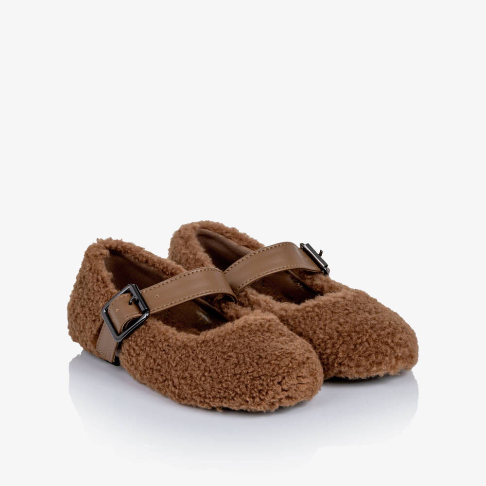 Stella McCartney Kids-Girls Brown Sherpa Fleece Pumps | Childrensalon