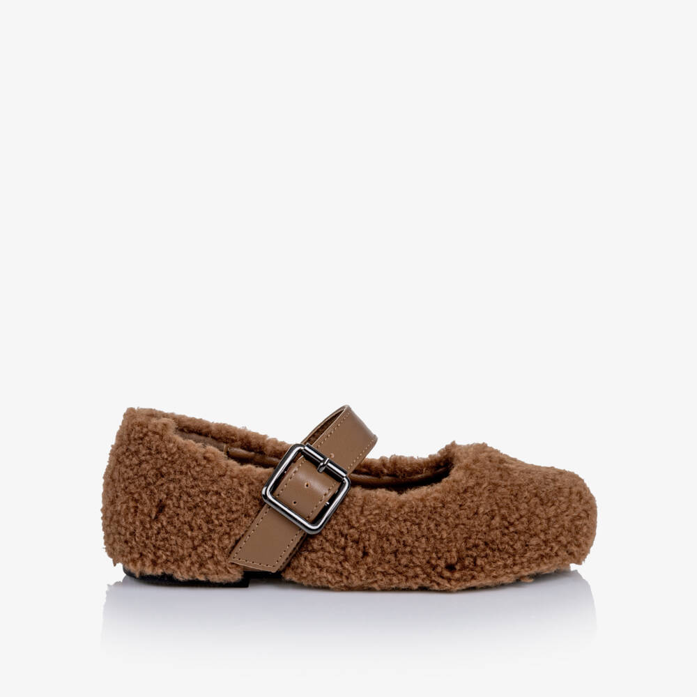 Stella McCartney Kids-Girls Brown Sherpa Fleece Pumps | Childrensalon