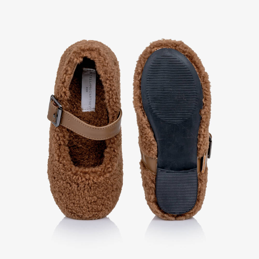 Stella McCartney Kids-Girls Brown Sherpa Fleece Pumps | Childrensalon