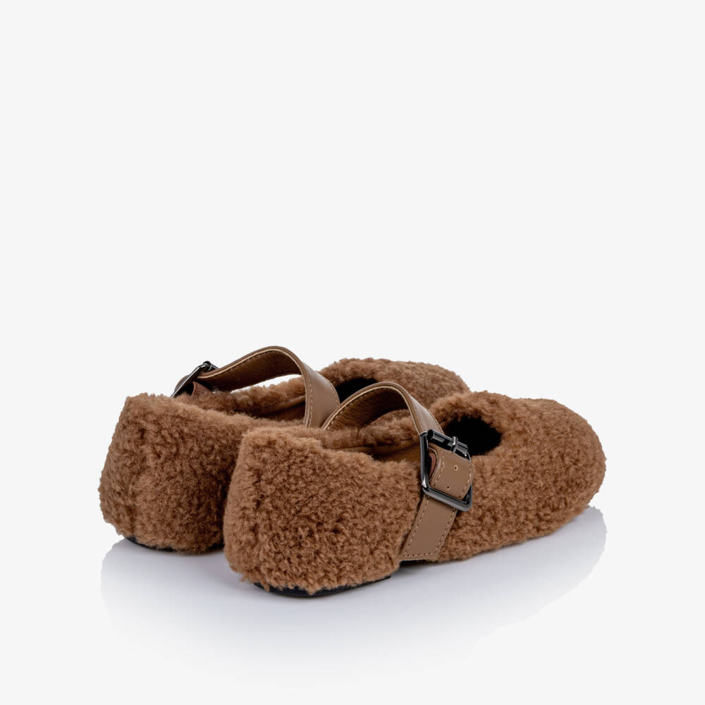 Stella McCartney Kids-Girls Brown Sherpa Fleece Pumps | Childrensalon