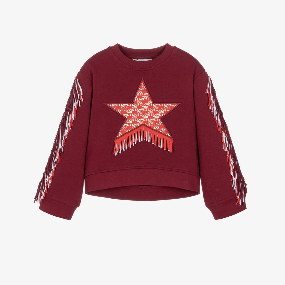 Stella McCartney Kids-Girls Burgundy Cotton Sweatshirt with Fringing | Childrensalon