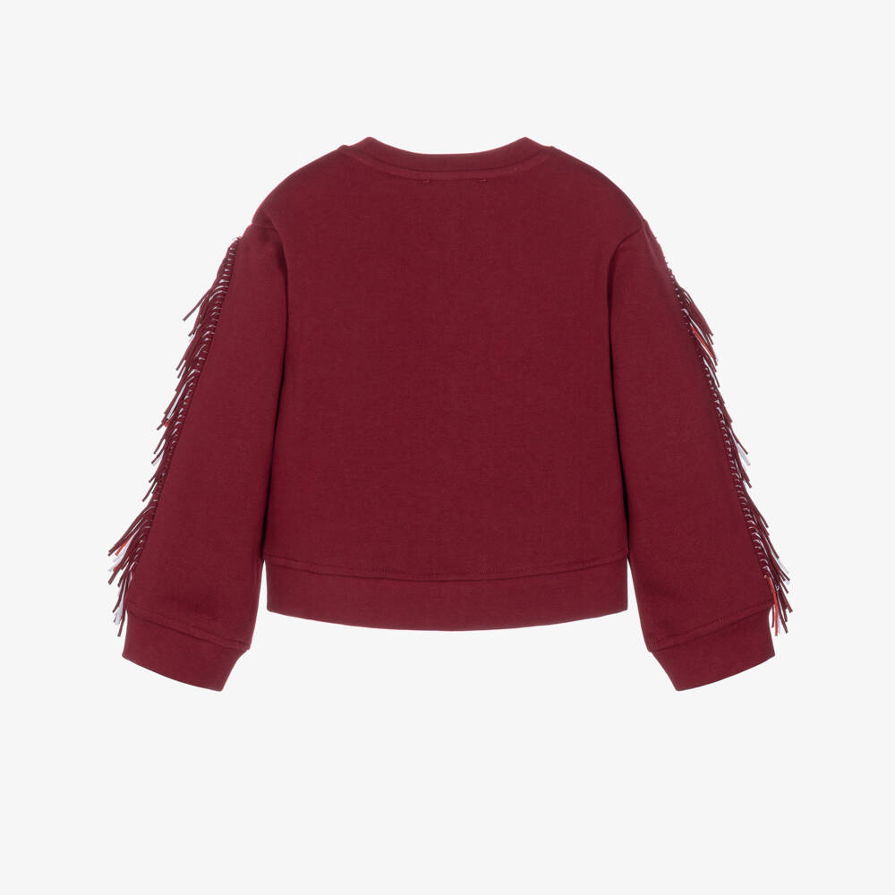Stella McCartney Kids-Girls Burgundy Cotton Sweatshirt with Fringing | Childrensalon