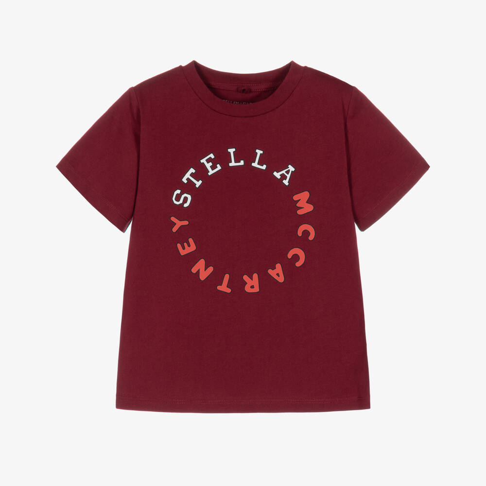 Stella McCartney Kids-Girls Burgundy Red Cotton Logo Print T-Shirt | Childrensalon