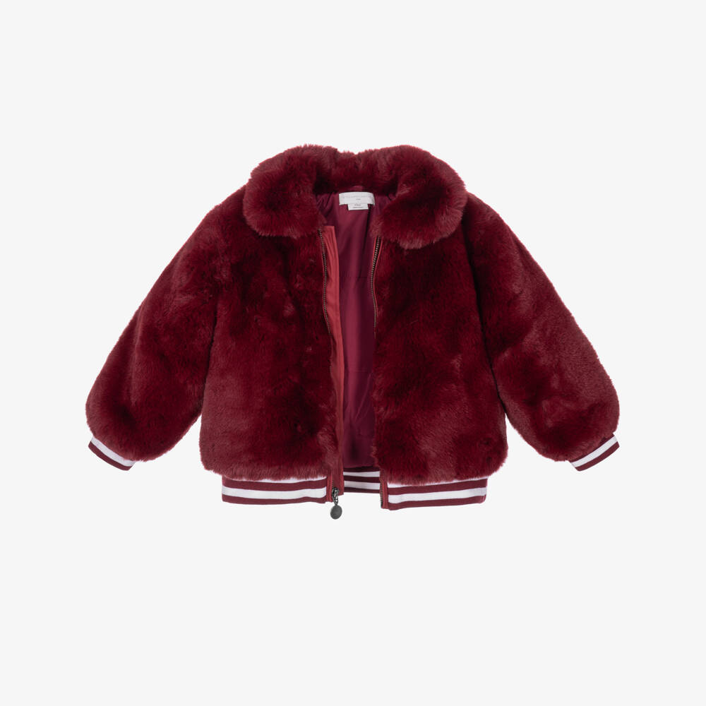Stella McCartney Kids-Girls Burgundy Red Faux Fur Jacket | Childrensalon