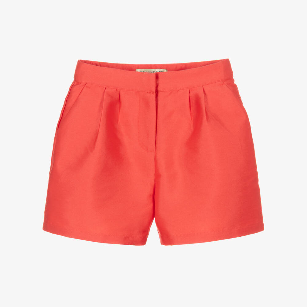 Stella McCartney Kids-Girls Coral Red Satin Shorts | Childrensalon