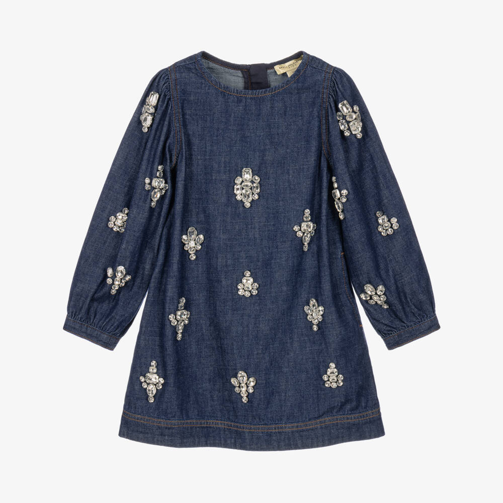 Stella McCartney Kids-Girls Dark Blue Denim Dress with Rhinestones | Childrensalon